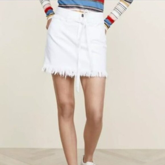 FRAME Denim Le High White Belted Frayed Fringe Hem Mini Skirt 24 - Picture 2 of 14